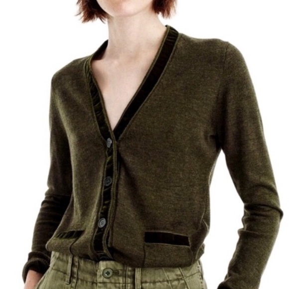 J.Crew Harlow Velvet Trimmed Cardigan in Olive Green - Picture 2 of 7